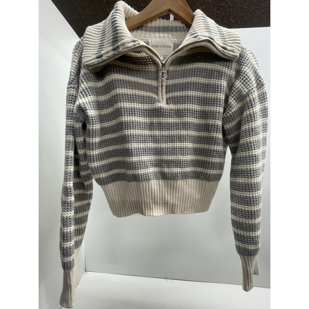 Women's‎ Sage + Stone Striped Gray and White cropped Sweater